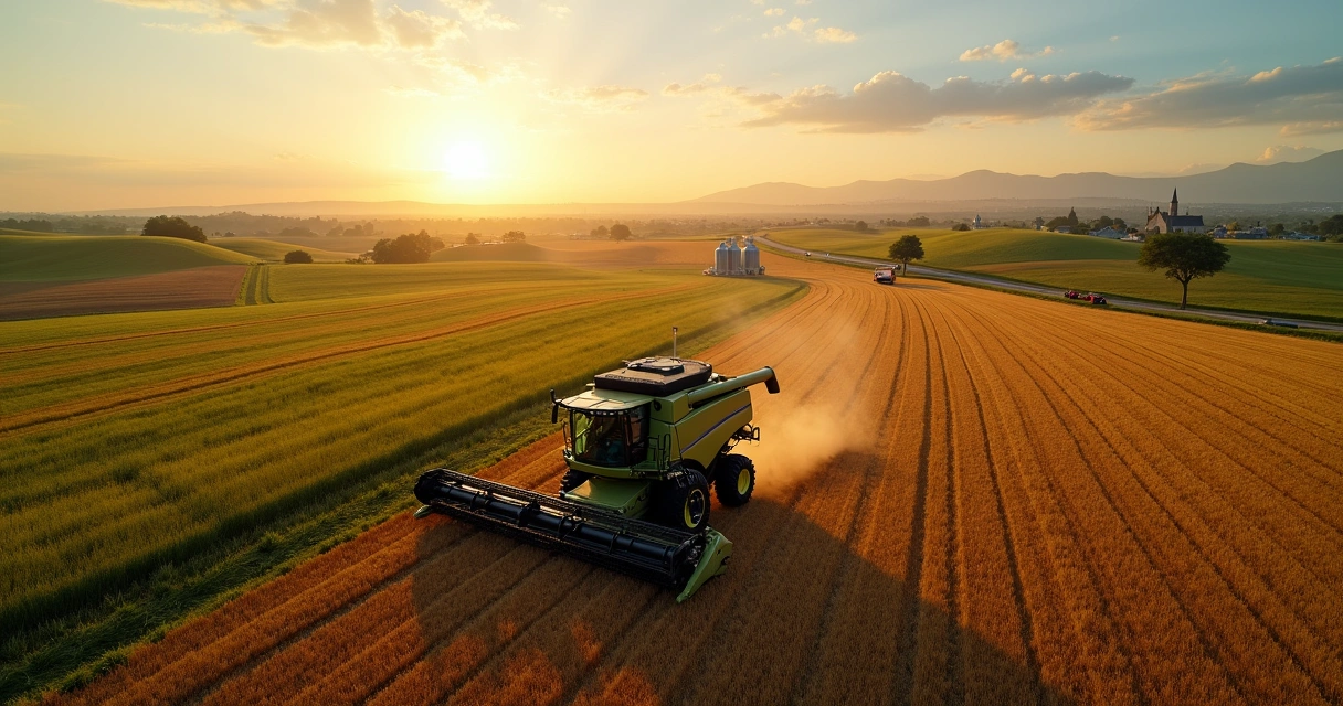 Plantação no Paraná com colheitadeira moderna ao pôr do sol