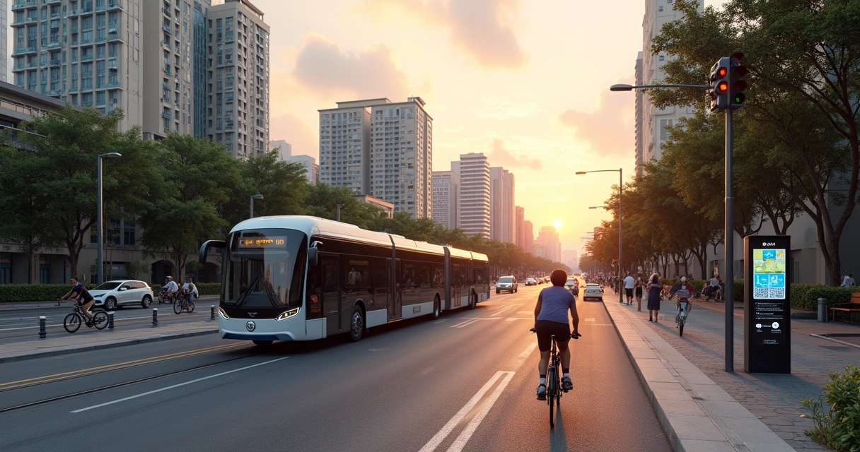 Avenida em cidade futurista com ônibus elétrico, ciclovia e pedestres conectados por tecnologia