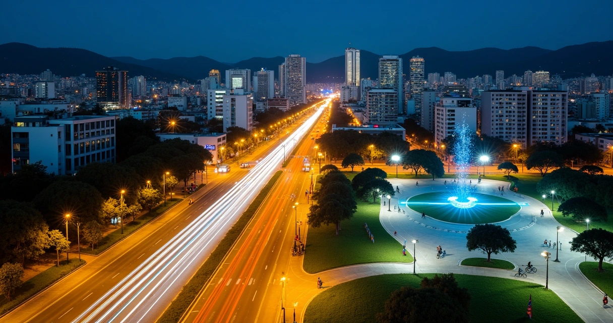 Vista aérea de cidade paranaense com tecnologia e iluminação noturna moderna