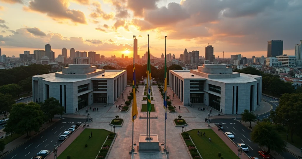 Vista aérea do Centro Cívico de Curitiba com prédios governamentais e bandeiras do Brasil e do Paraná
