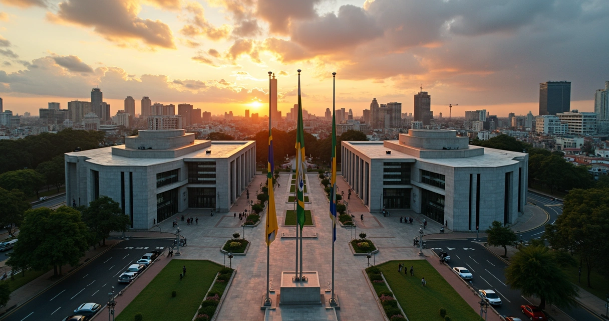 Vista aérea do Centro Cívico de Curitiba com prédios governamentais e bandeiras do Brasil e do Paraná