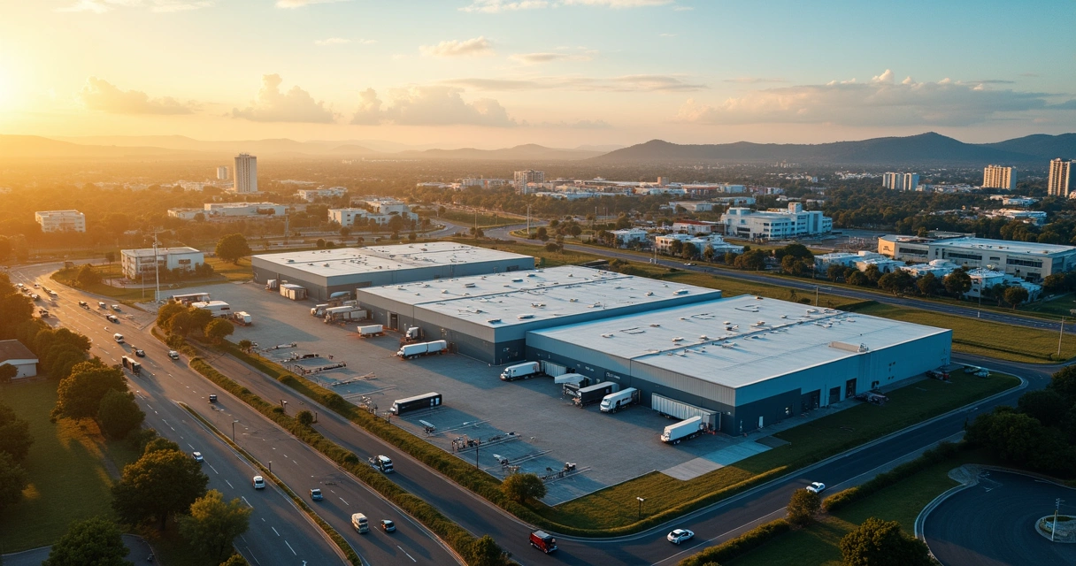 Vista aérea de área industrial e urbana de São José dos Pinhais ao entardecer