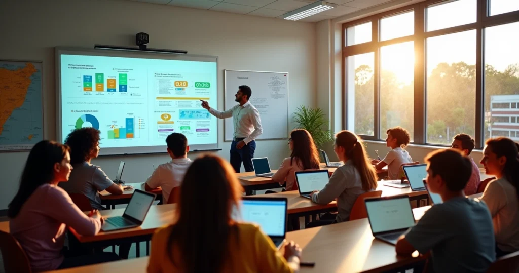Sala de aula moderna no Paraná com tecnologia digital e alunos engajados