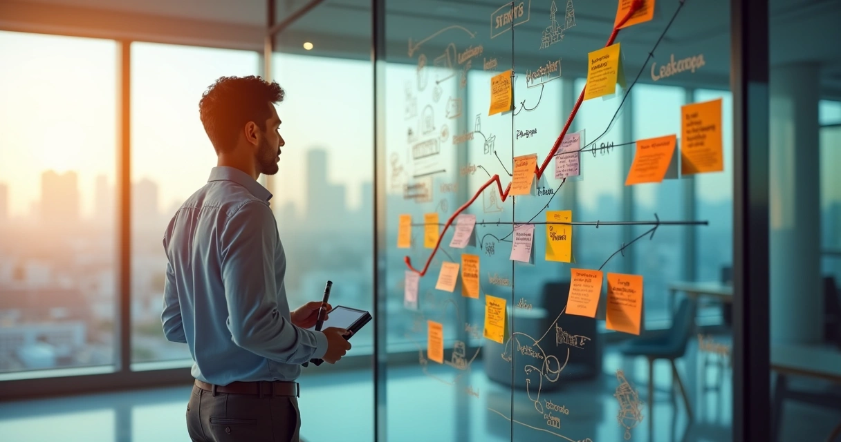 Empreendedor desenhando mapa estratégico de negócios em mural com gráficos e metas
