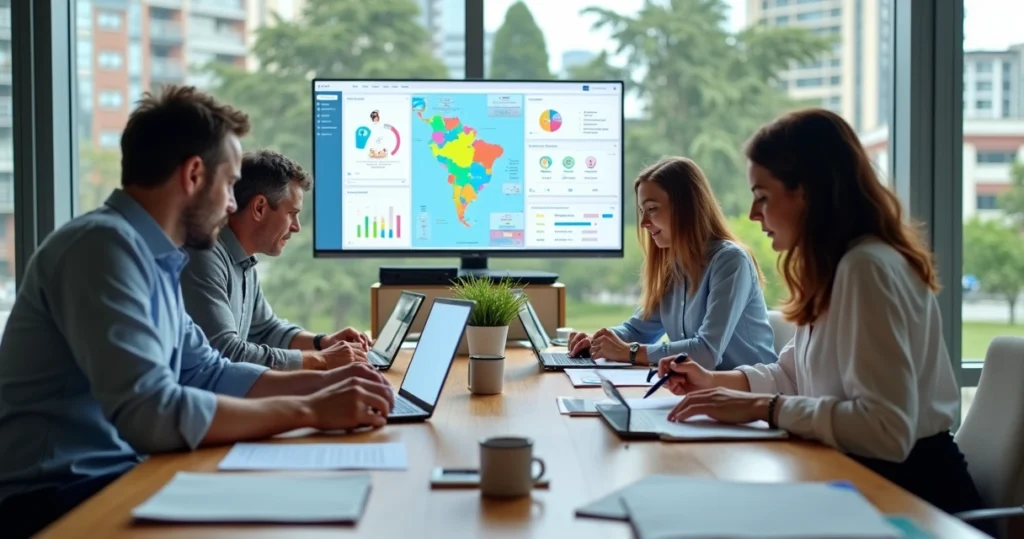 Mesa de prefeitura com equipe usando tablets e dashboard digital de cidade ao fundo