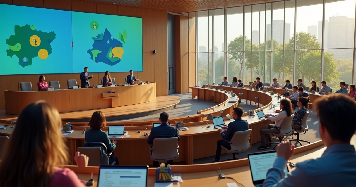 Jovens participando de debate político em plenária moderna no Paraná