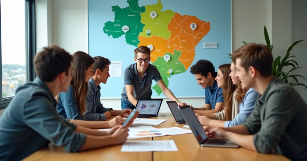 Grupo de jovens diversos em reunião discutindo política regional com mapa do Paraná ao fundo