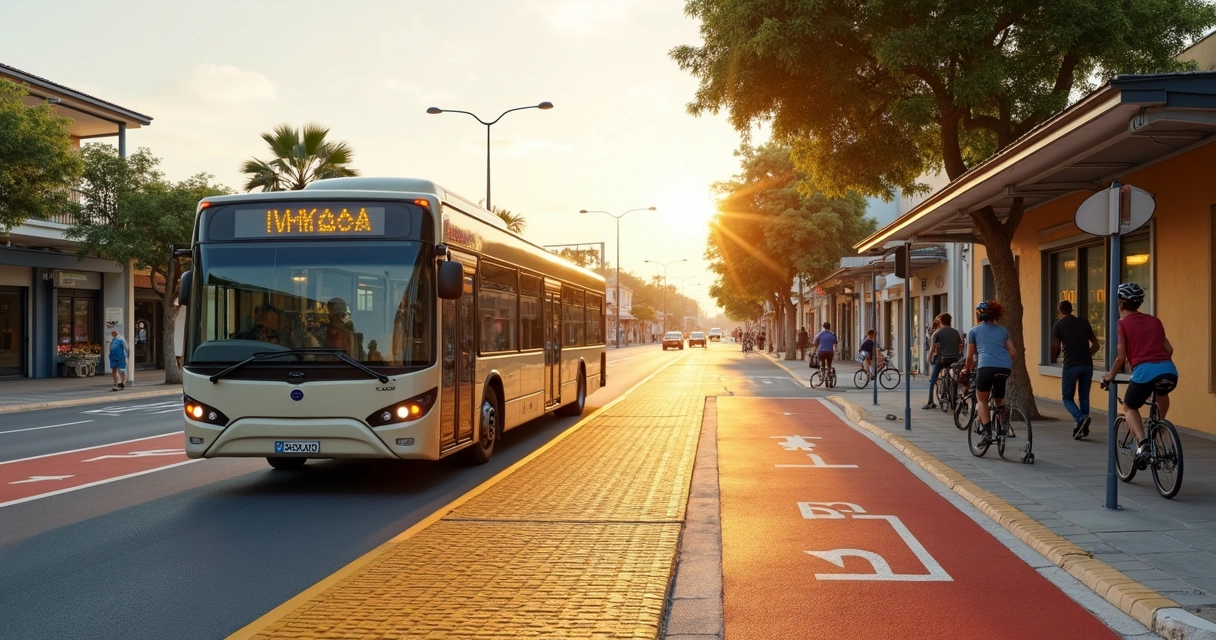 Rua de cidade do interior com ônibus urbano, ciclovia e pedestres em calçada acessível