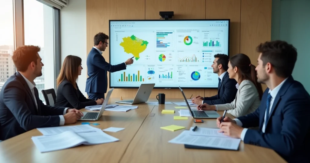Equipe analisando dados de políticas públicas em reunião estratégica