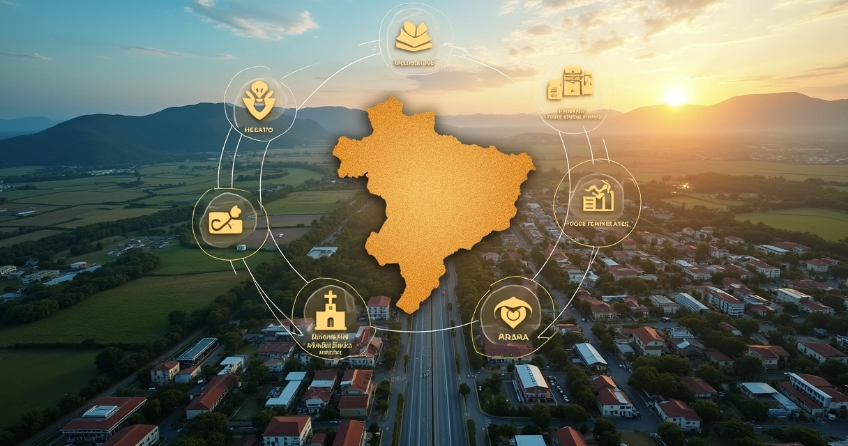 Mapa do Paraná com cidades, estradas e ícones de desenvolvimento regional