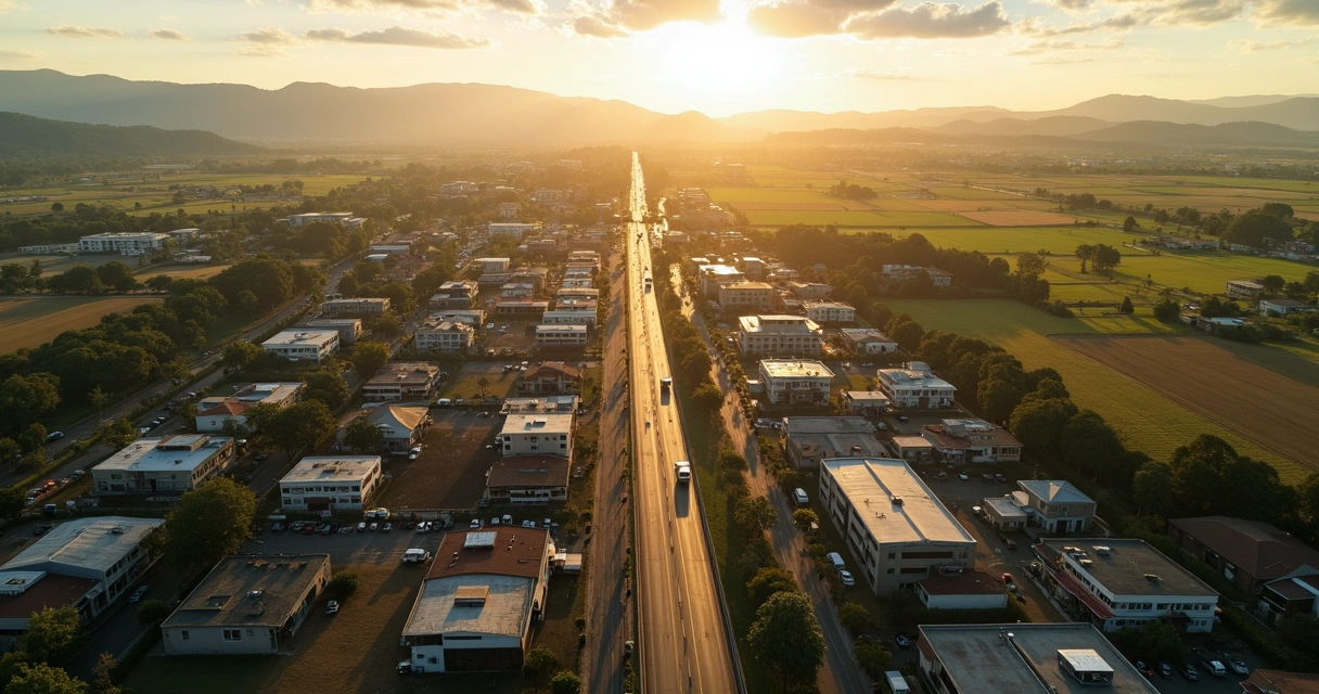 Vista aérea de cidade do Noroeste do Paraná com áreas urbanas, campo agrícola e rodovia ao entardecer