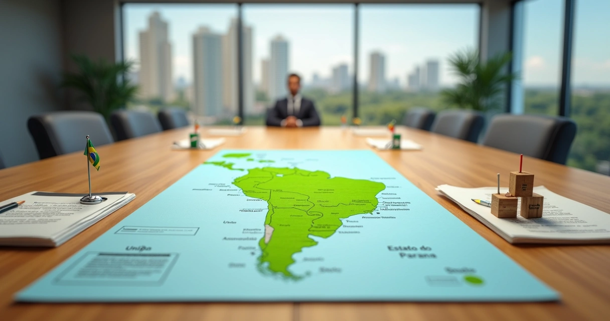 Mapa do Brasil e do Paraná com ícones de cooperação entre União, estado e municípios