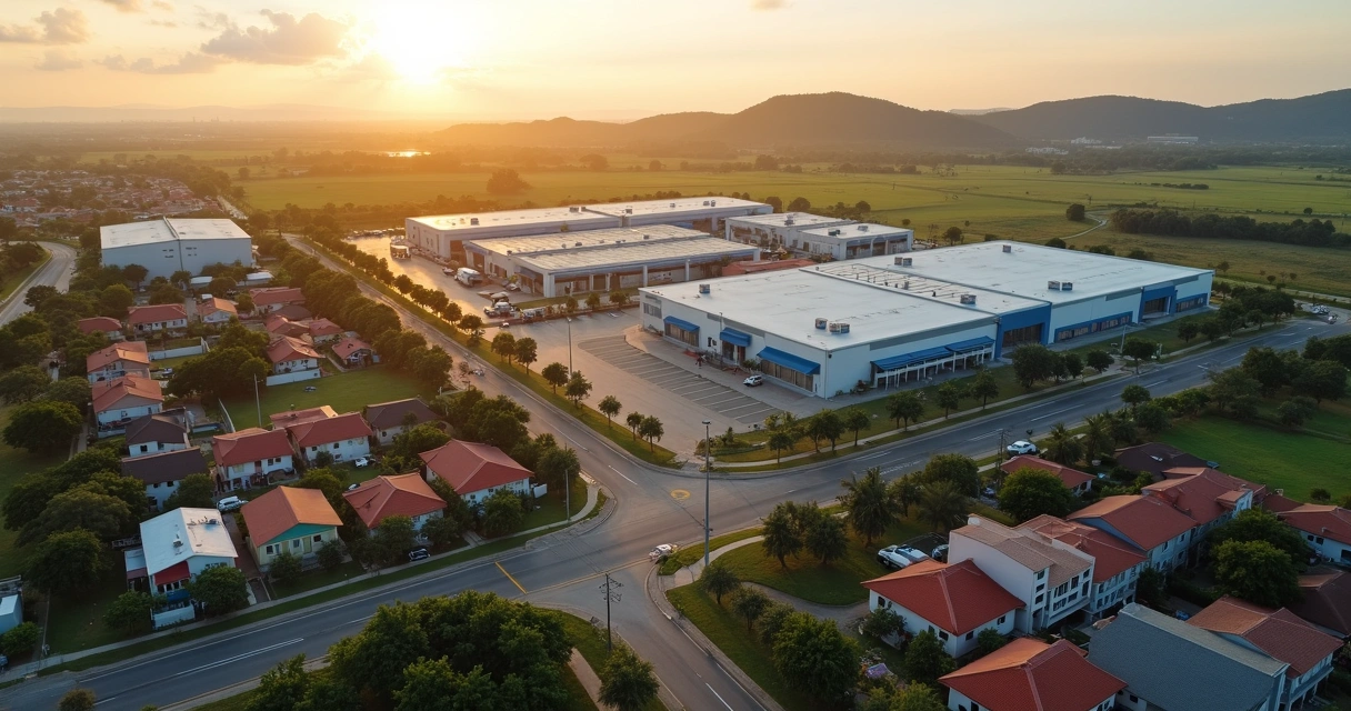 Vista aérea de pequena cidade com parque industrial moderno ao fundo