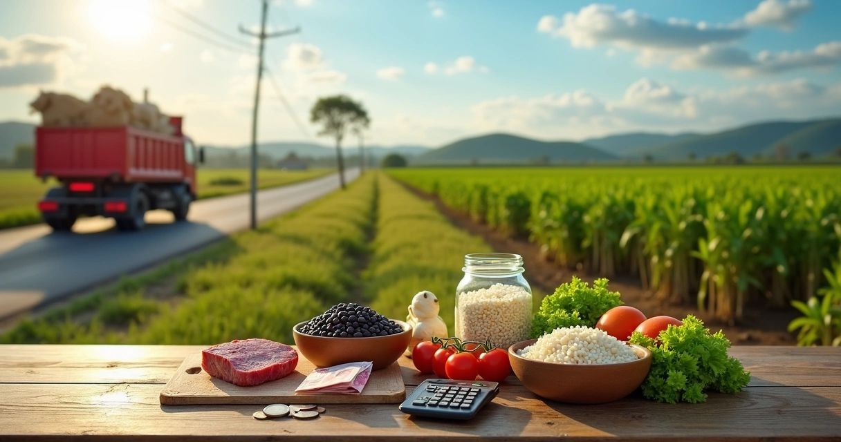 Mesa com alimentos e notas de dinheiro ao fundo de lavoura no Paraná
