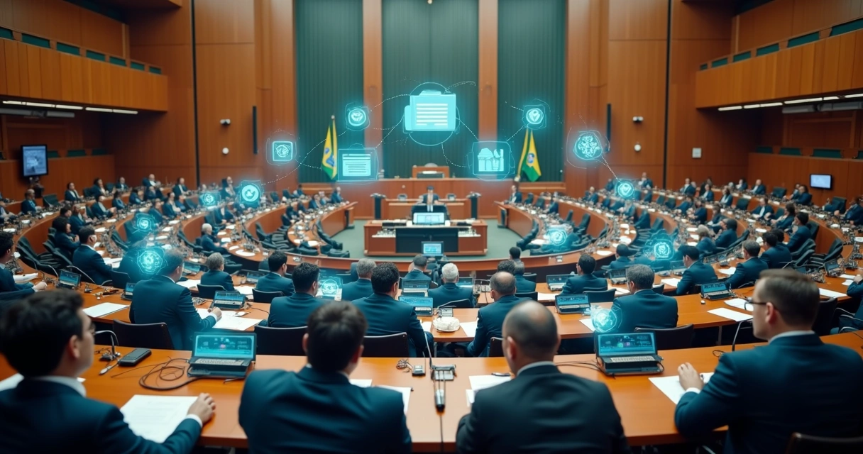 Vista do plenário da Assembleia Legislativa do Paraná com ícones digitais sobrepostos