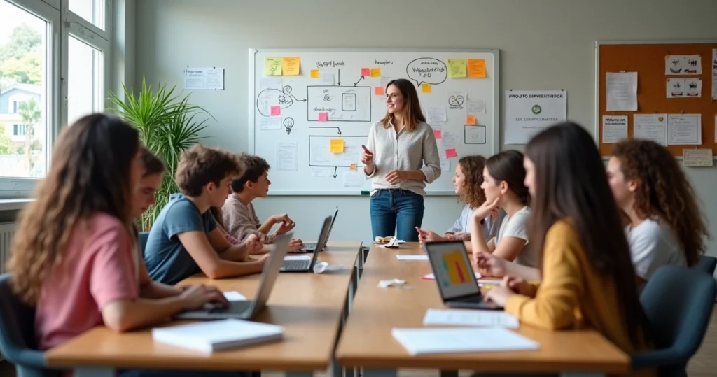 Professor orienta alunos em sala de aula com mural de ideias sobre empreendedorismo