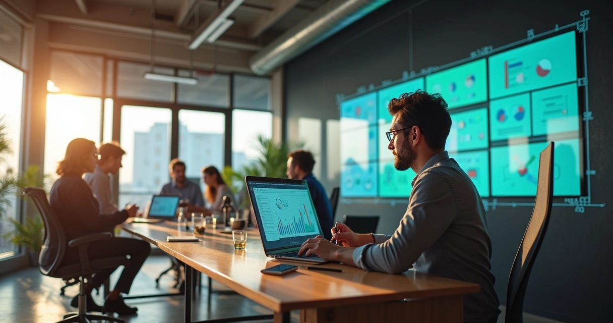 Profissional em escritório moderno cercado por tecnologia digital e automação