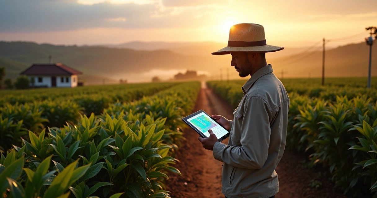 Agricultor familiar usando tablet em plantação de café ao nascer do sol
