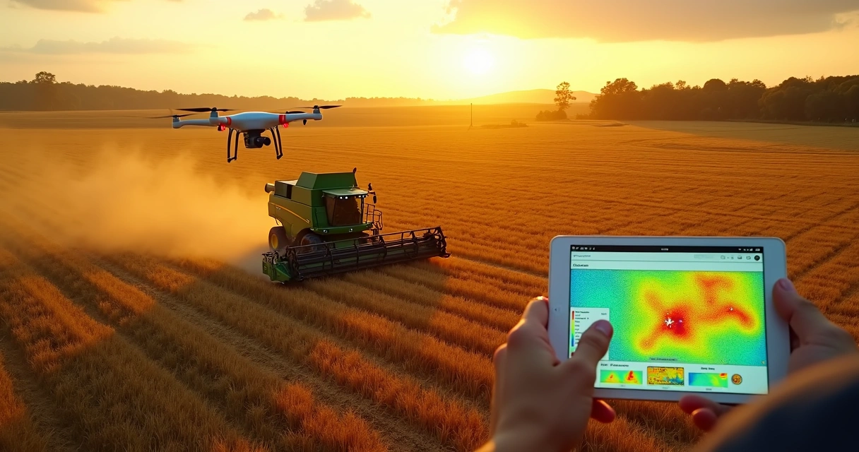 Plantação de soja no Paraná com colheitadeira e drone sobrevoando ao pôr do sol
