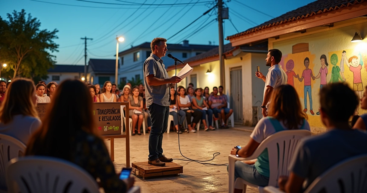 Comunidade reunida em praça do bairro acompanhando fala de vereador em microfone