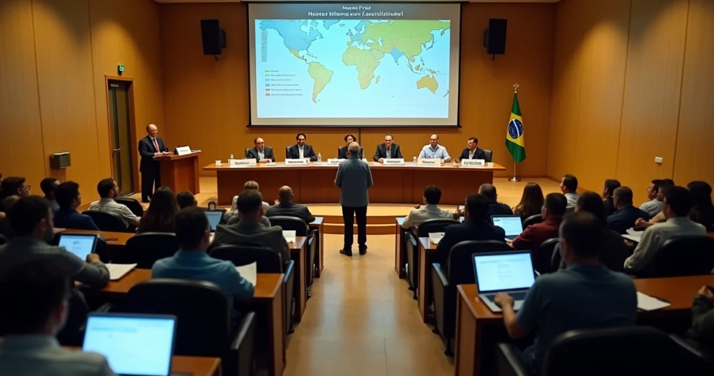 Moradores usando microfone em audiência pública municipal à noite