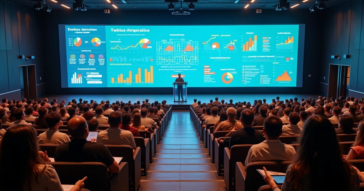 Grupo de cidadãos analisando painel digital de orçamento público em auditório moderno