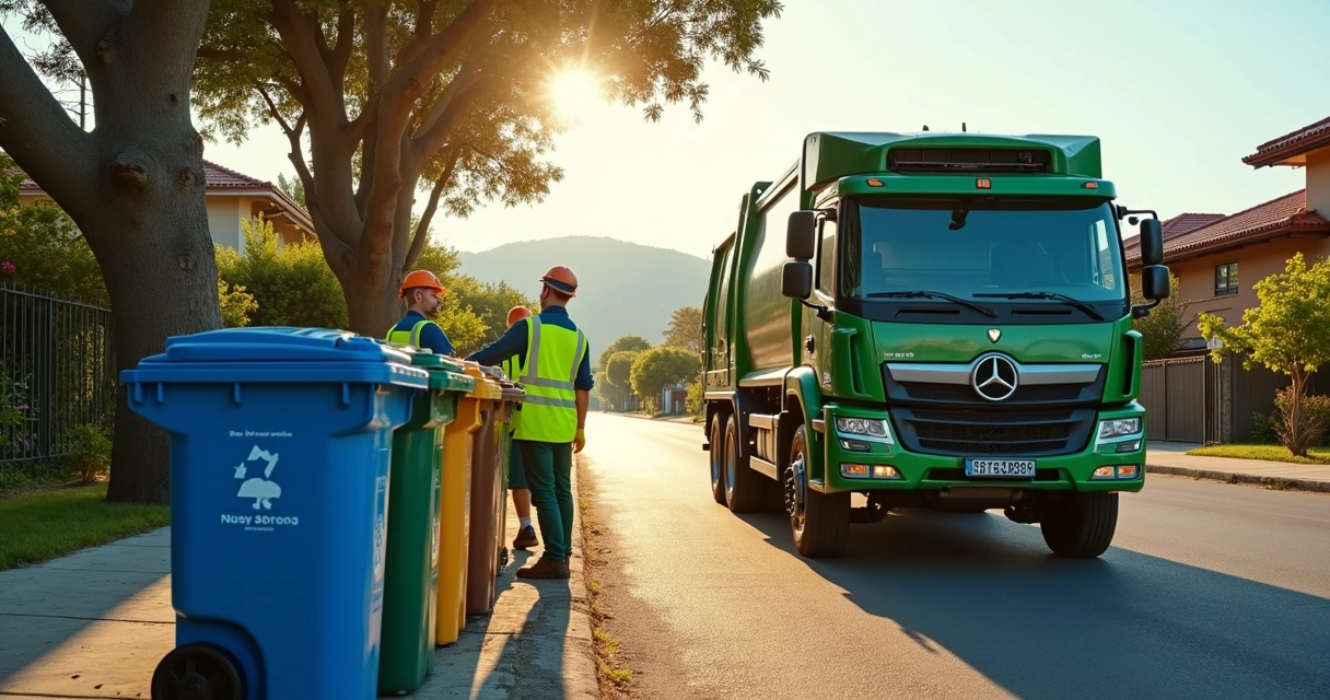 Caminhão de lixo coleta resíduos segregados em bairro urbano arborizado