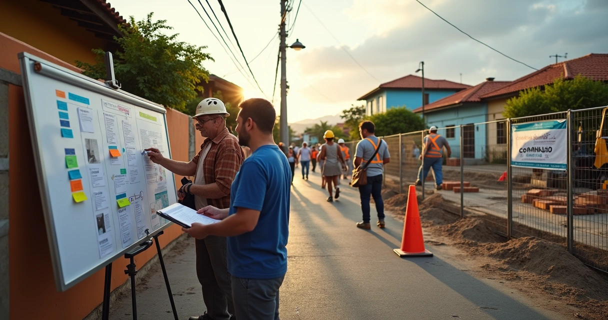 Moradores em mutirão organizando quadro com planos ao lado de obra urbana em andamento