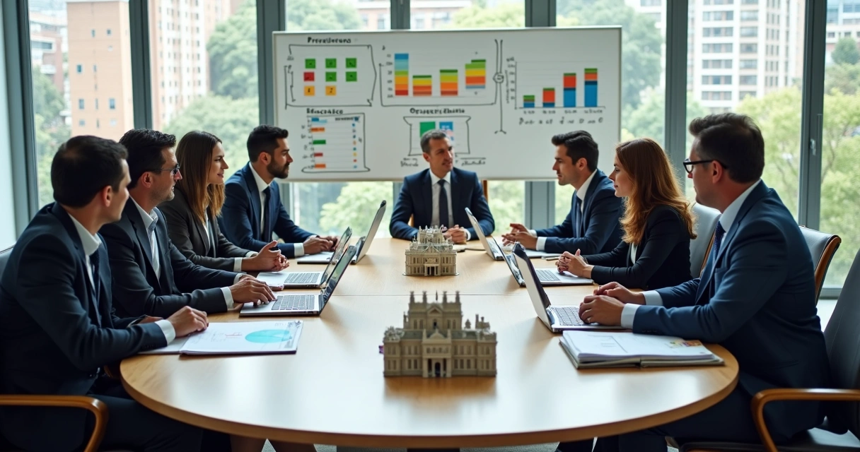 Consultores e gestores públicos em mesa redonda avaliando documentos de gestão