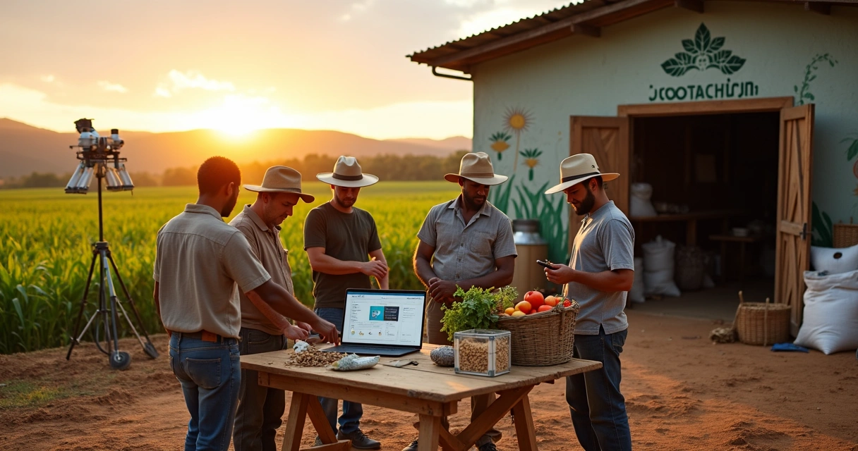 Pequenos produtores em cooperativa agrícola usando tecnologia no campo
