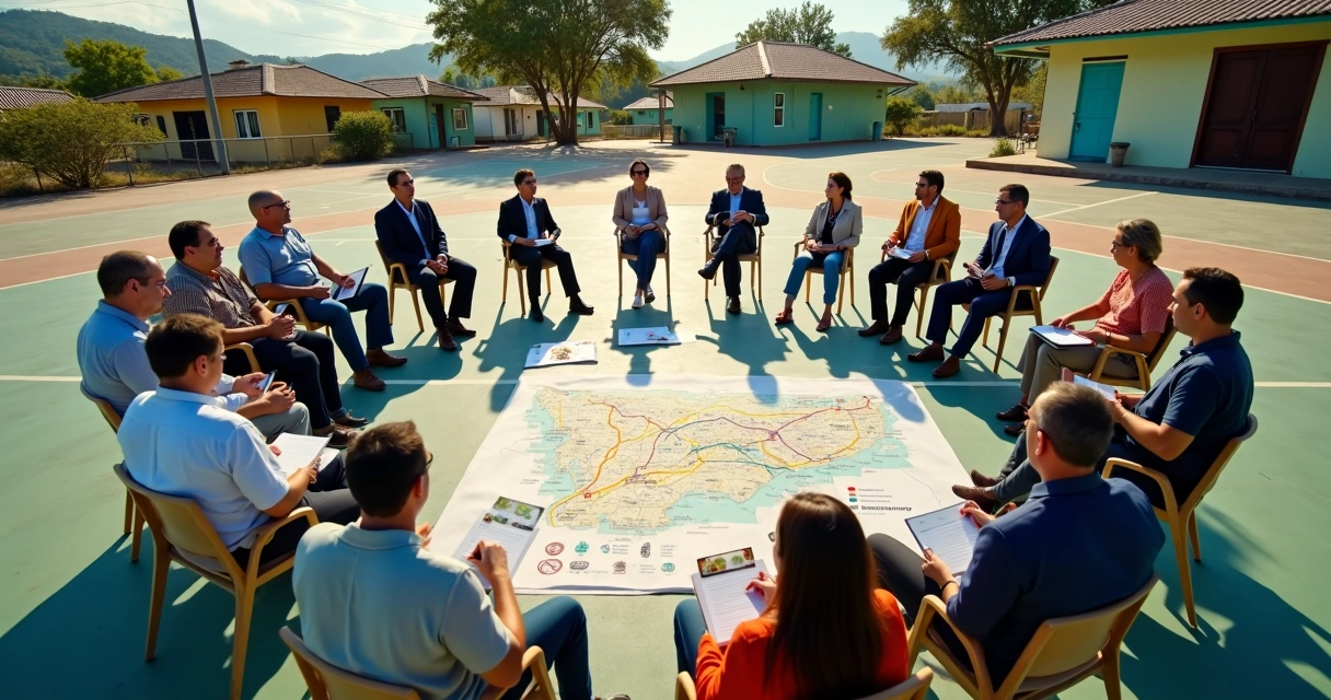 Líderes de pequenas cidades reunidos em círculo discutindo gestão conjunta de resíduos sólidos