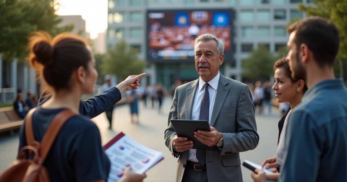 Deputado federal conversando com eleitores em praça pública