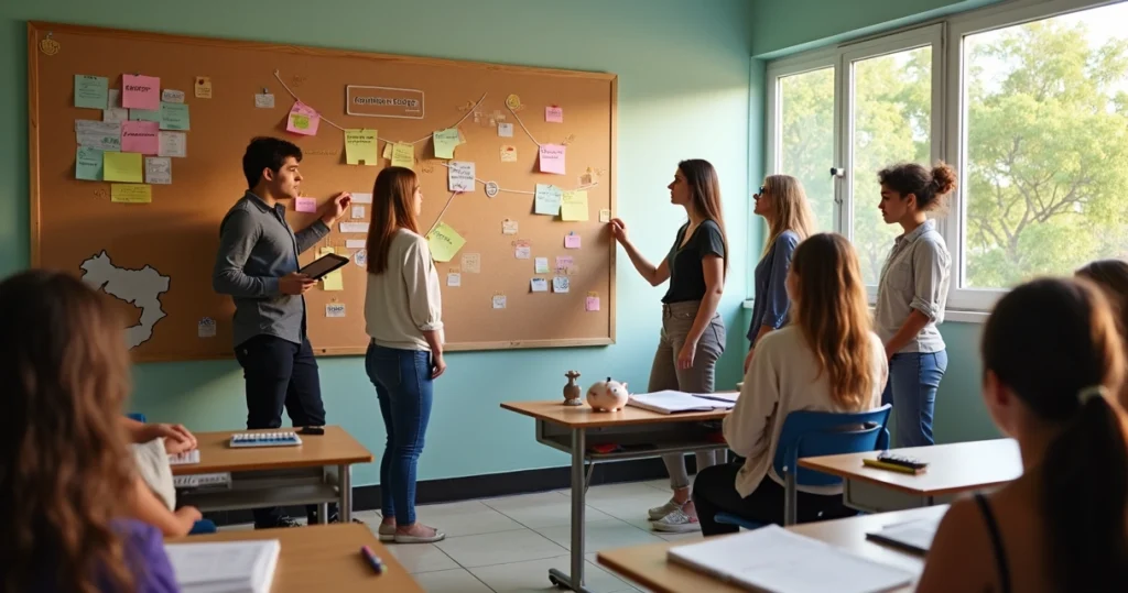 Alunos do ensino médio montam painel colorido com símbolos de finanças em sala de aula