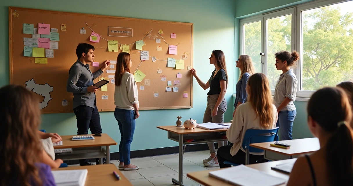 Alunos do ensino médio montam painel colorido com símbolos de finanças em sala de aula