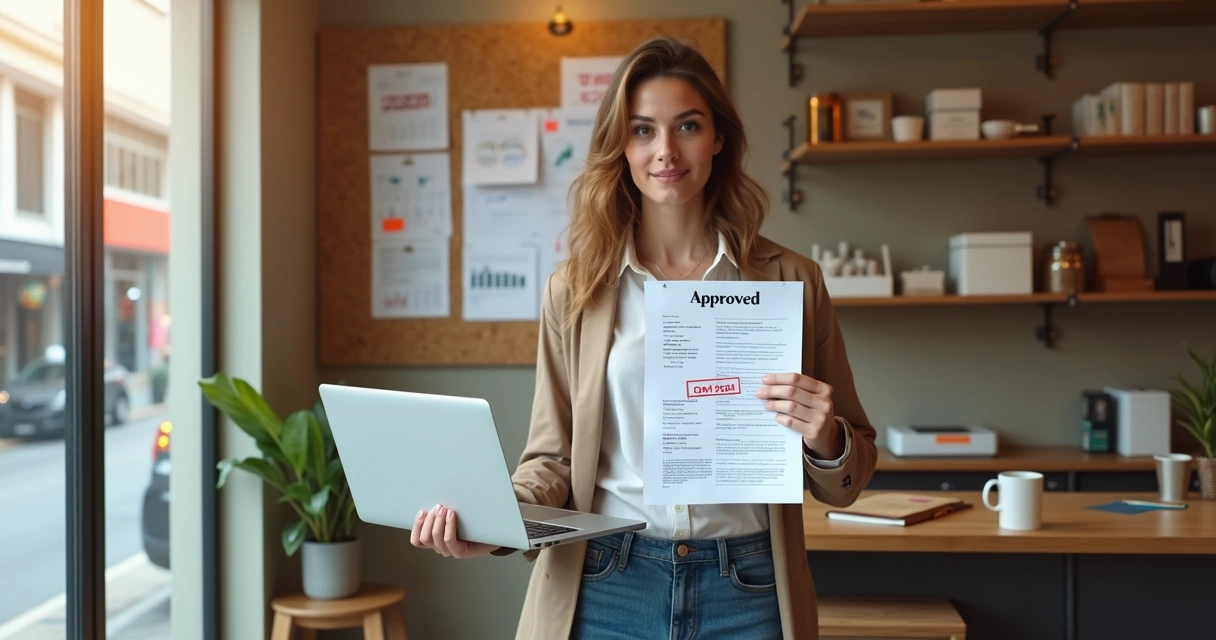 Empreendedor em pequena empresa segurando aprovação de financiamento