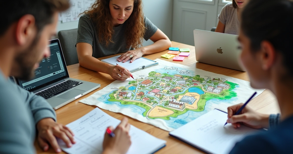 Equipe diversa desenvolvendo projeto social em mesa ampla de trabalho