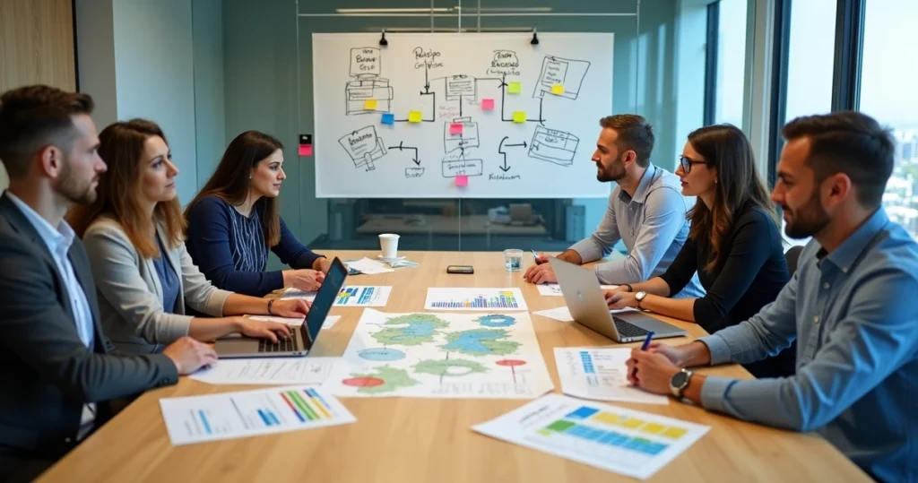 Equipe técnica discutindo projetos municipais com gráficos de financiamento em mesa de reunião