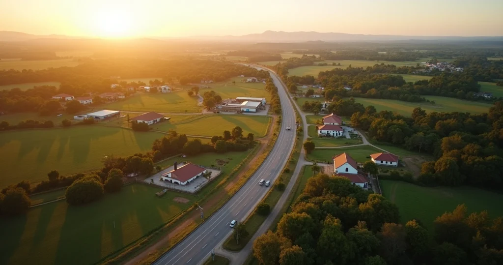 Vista aérea de estrada sinuosa ligando pequenas cidades em área rural verde