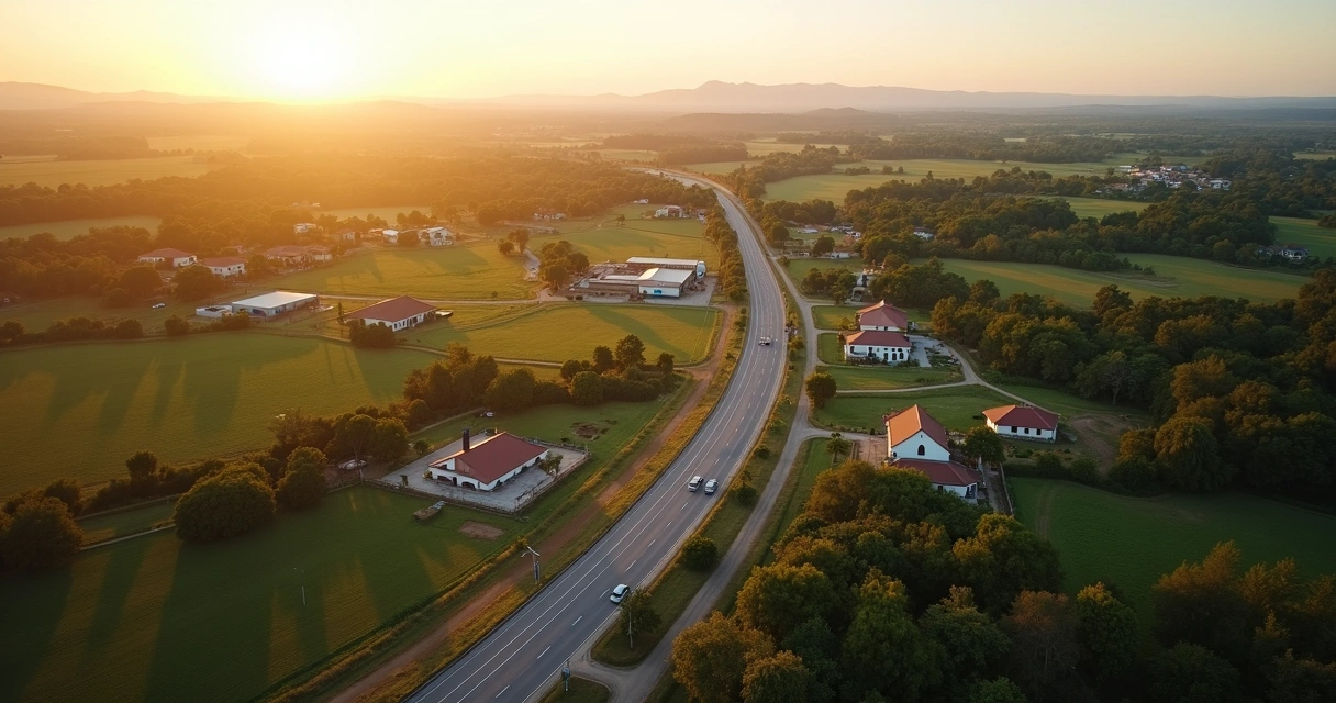 Vista aérea de estrada sinuosa ligando pequenas cidades em área rural verde