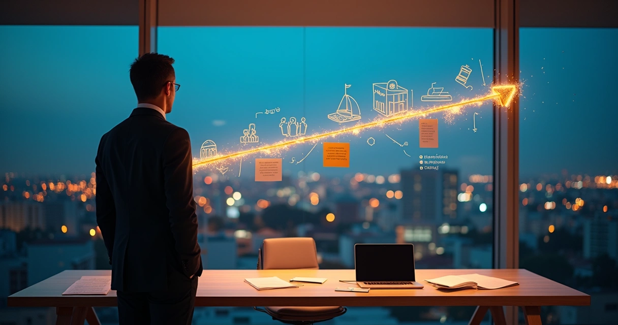 Gestor público em gabinete planejando sucessão em linha do tempo na parede