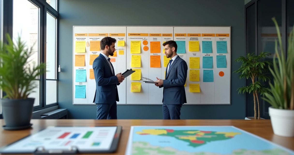 Gestor analisa mural com projetos públicos organizados por prioridade