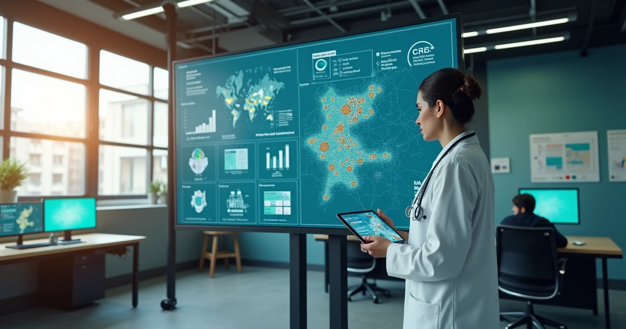 Profissional de saúde acompanha painel digital com dados de pacientes
