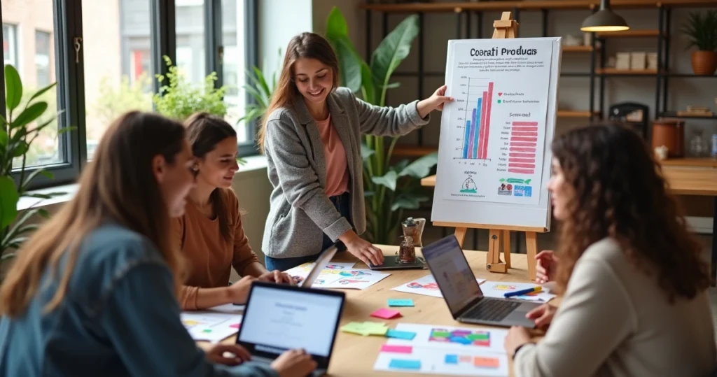 Grupo de jovens organiza campanha de financiamento coletivo em mesa com materiais visuais