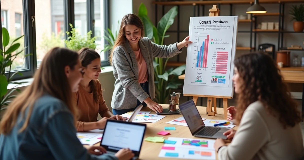 Grupo de jovens organiza campanha de financiamento coletivo em mesa com materiais visuais