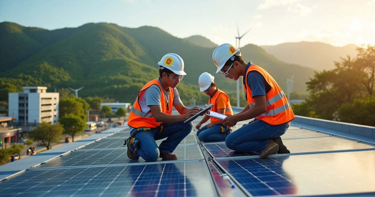 Jovens do Paraná ajustando painéis solares em área verde urbana