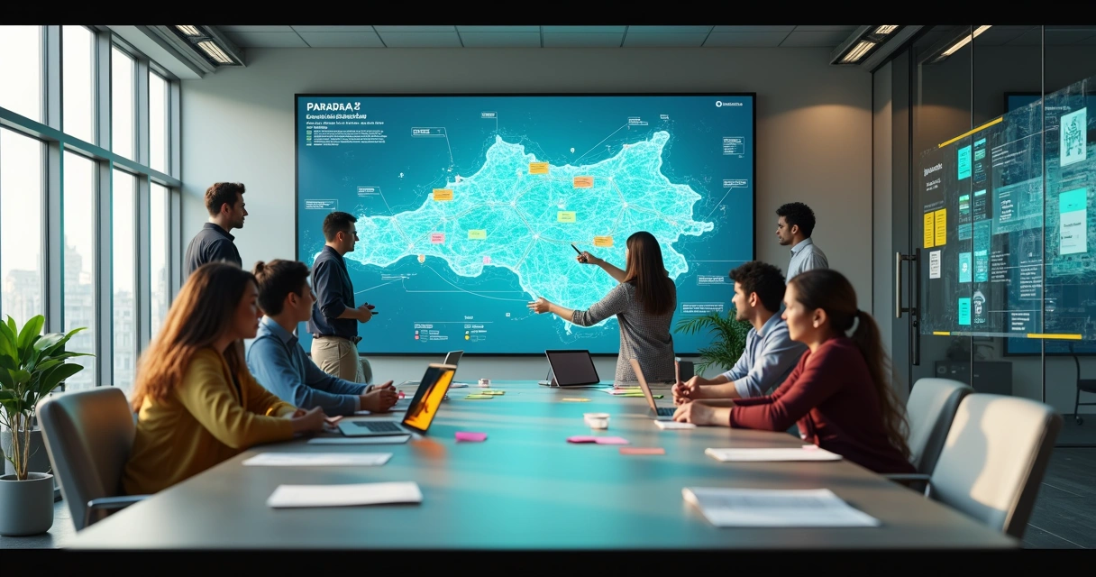 Equipe diversa em laboratório de inovação pública com mapas digitais do Paraná