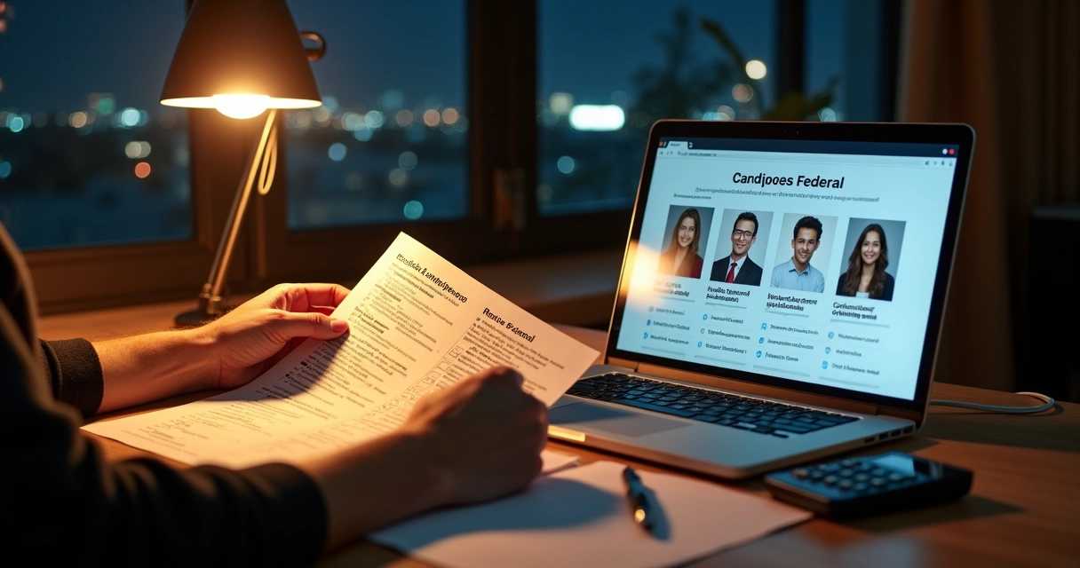 Pessoa analisando informações de candidatos a deputado do Paraná em mesa com materiais de eleição