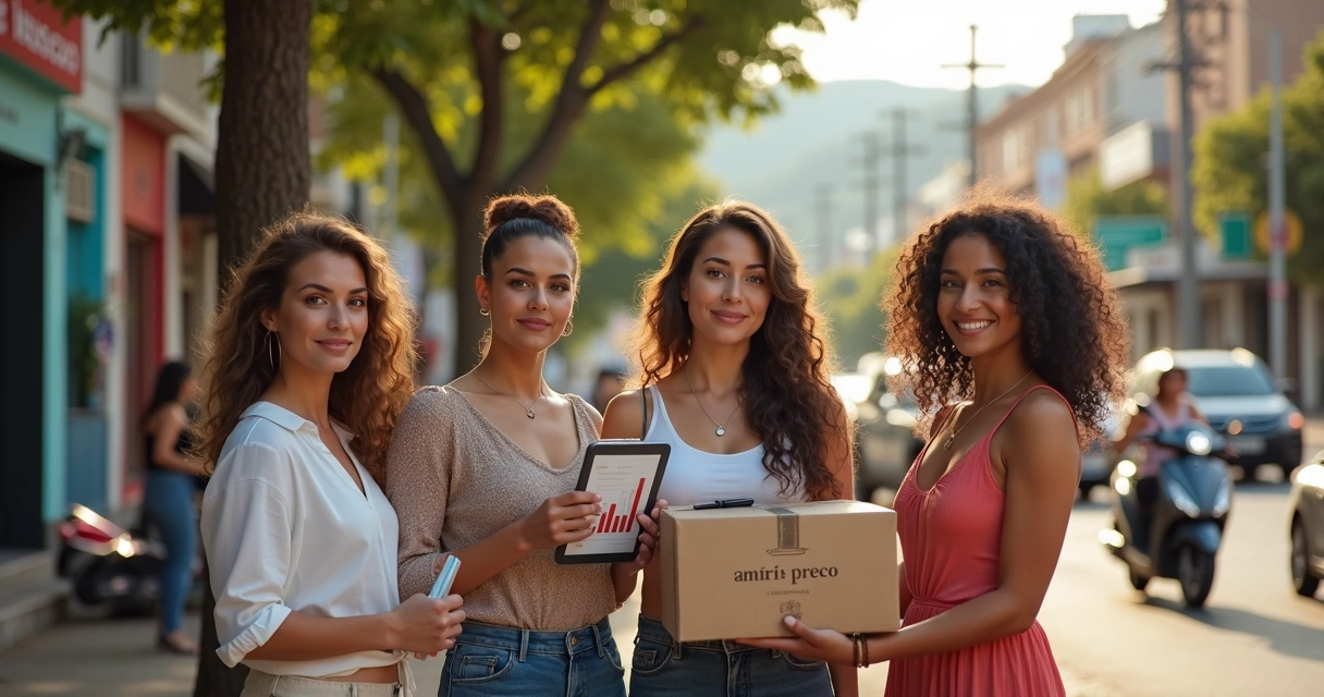 Grupo de mulheres empreendedoras em rua comercial de cidade média