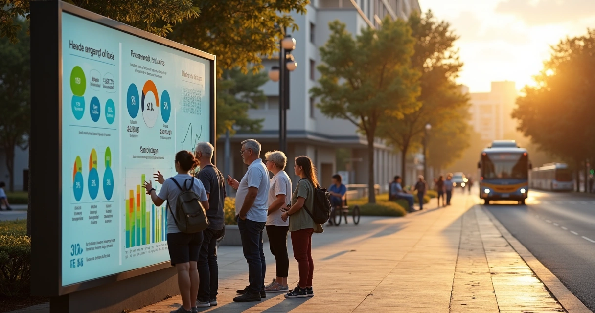 Moradores observam painel de indicadores de políticas públicas em praça de bairro