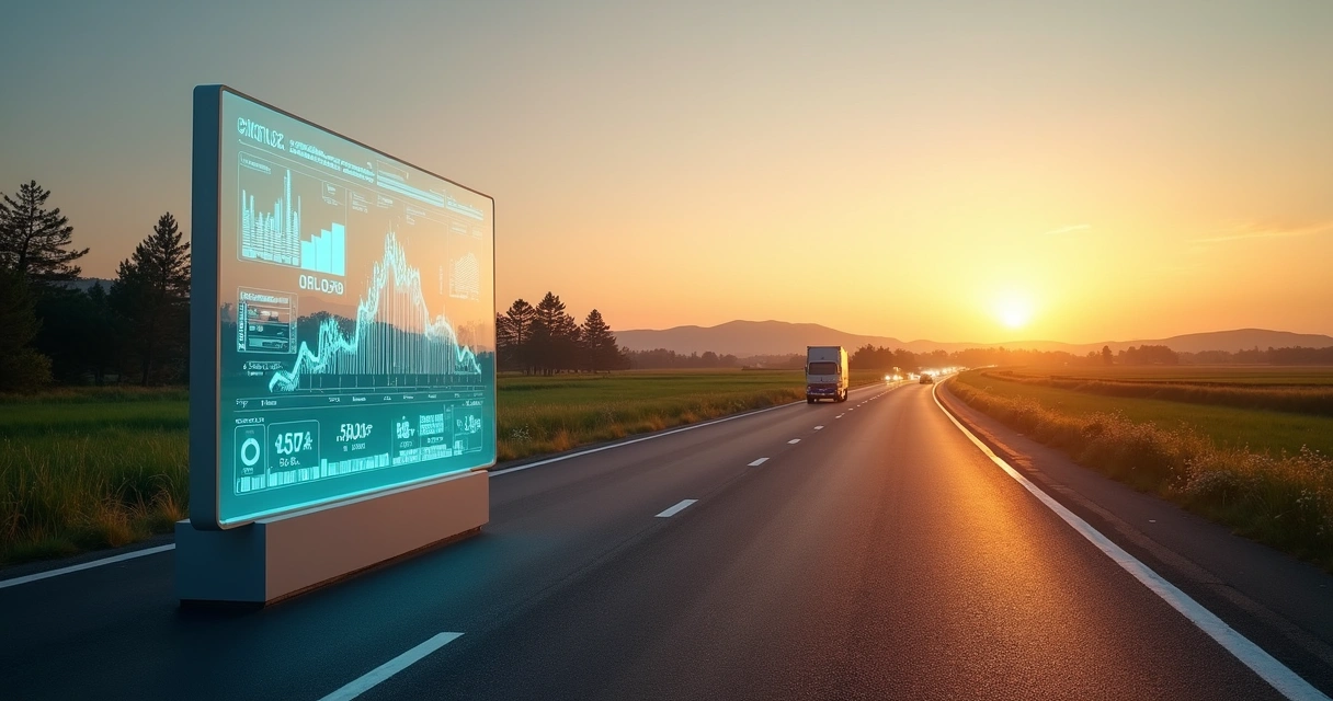 Painel digital de indicadores econômicos ao lado de rodovia no Paraná ao entardecer